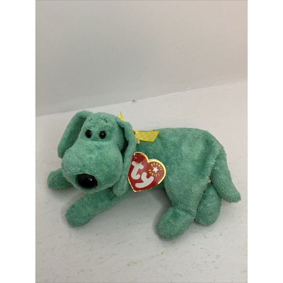 Ty Beanie Baby DIDDLEY Green Dog Yellow Bow Retired - Picture 2 of 13